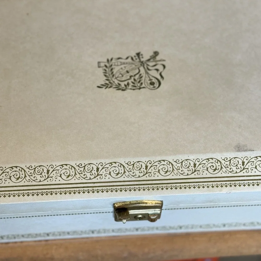 Vintage MUSIC Jewelry Box by MELE 2 tier Ivory MCM Blue Velvet Lining (WORKS)